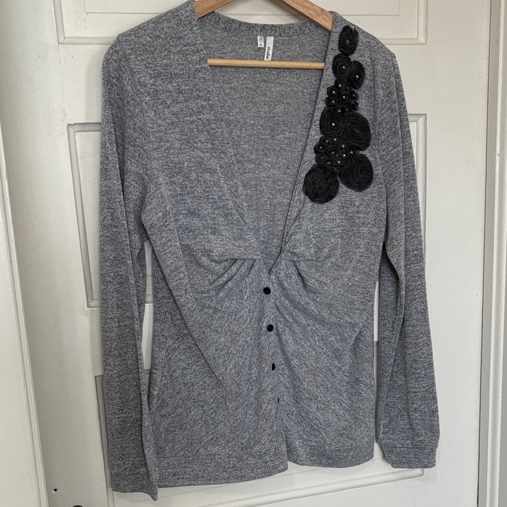 Studio Y Gray Knit with Black Embellishments Cardigan size L